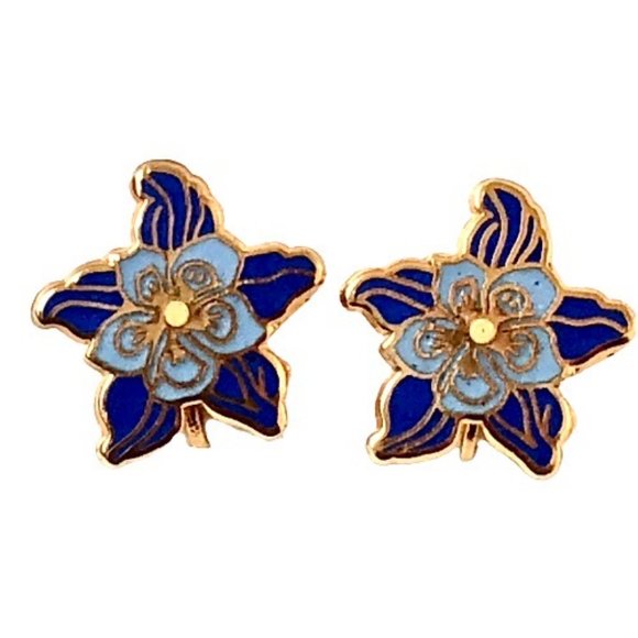 MMA Metropolitan Museum Art Blue Enamel Flower Clip-on Earrings Goldplate - Picture 3 of 11